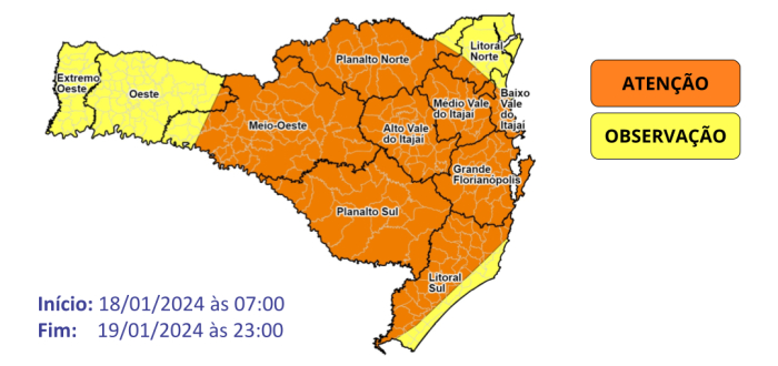Defesa Civil alerta para temporais e chuva volumosa entre quinta (18) e sexta-feira (19)