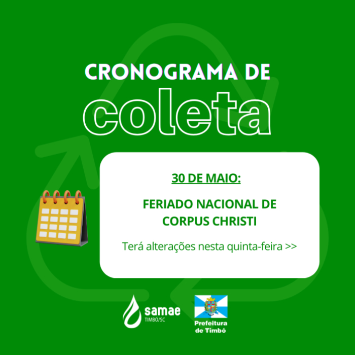 SAMAE Timbó divulga mudança no cronograma de coleta no feriado de Corpus Christi