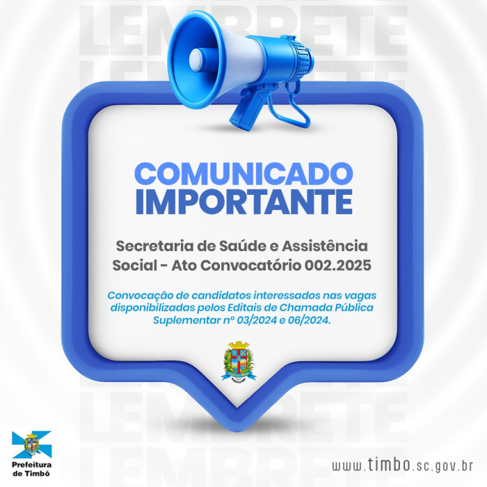 Prefeitura de Timbó realiza convocação para vagas na Saúde e Assistência Social