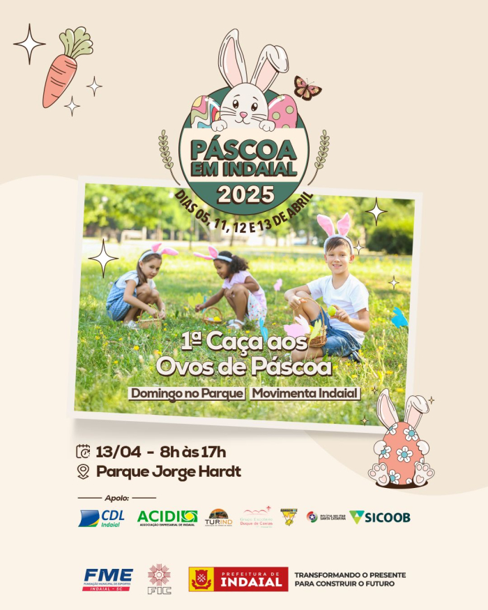 Evento “Domingo no Parque – Movimenta Indaial - 1ª Caça aos Ovos de Páscoa” é neste domingo (13)