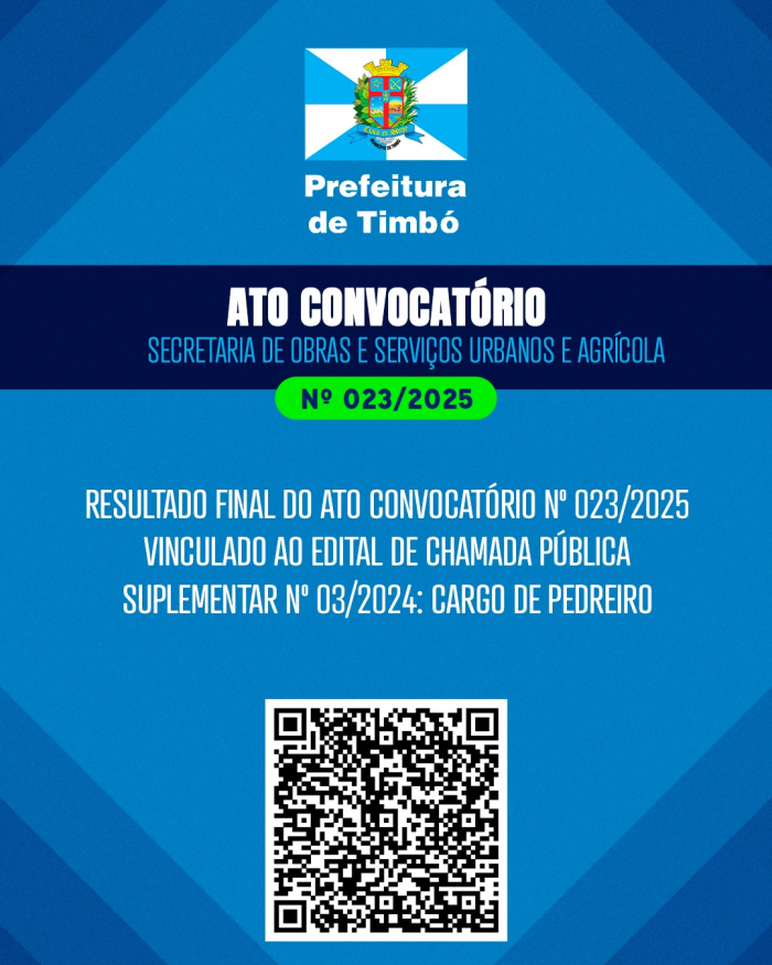 PREFEITURA DE TIMBÓ CONVOCA CANDIDATOS PARA VAGAS DE PEDREIRO NA SECRETARIA MUNICIPAL DE OBRAS