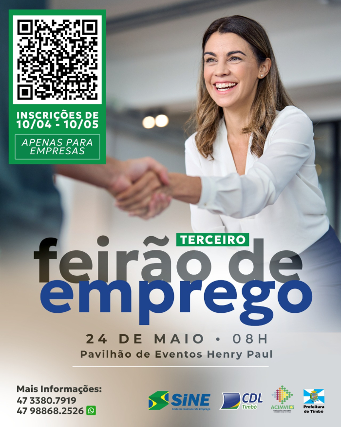Timbó fortalece geração de empregos com 3º Feirão de Empregos e convida empresas a participarem da iniciativa
