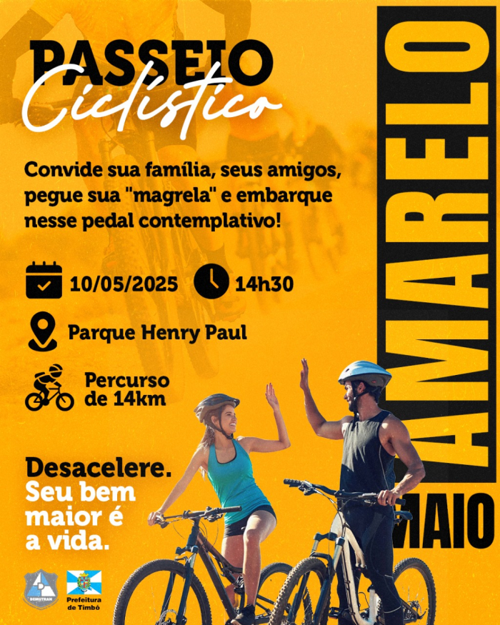 Passeio ciclístico do Maio Amarelo acontece neste sábado em Timbó