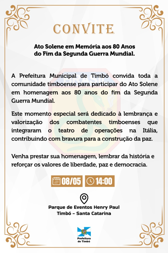 Timbó celebra os 80 anos do fim da Segunda Guerra Mundial