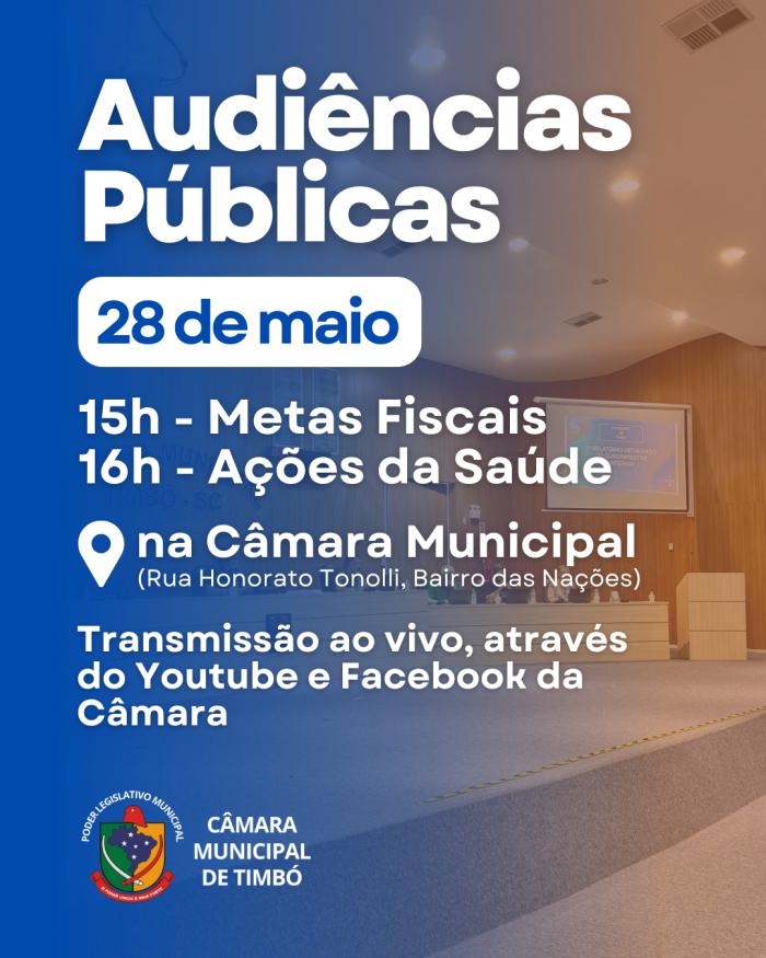 Câmara de Timbó realiza nesta quarta-feira audiências públicas sobre ações da saúde e metas fiscais do Executivo 