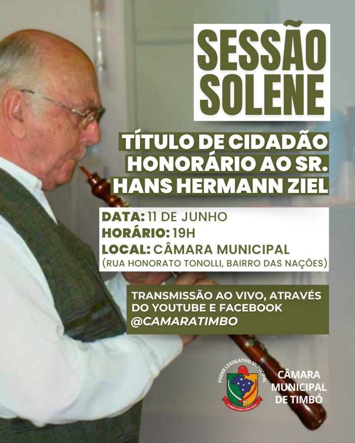 Sessão Solene de entrega do título de cidadão honorário timboense a Hans Hermann Ziel é nesta quarta-feira