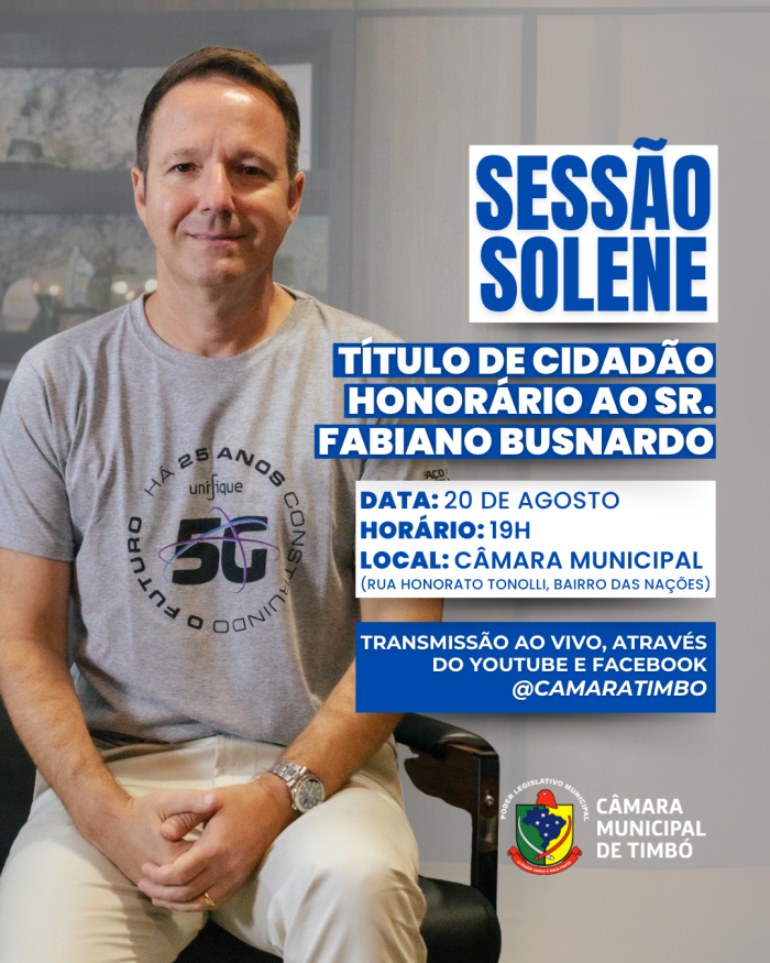 Fabiano Busnardo será homenageado com título de cidadão honorário timboense na próxima semana