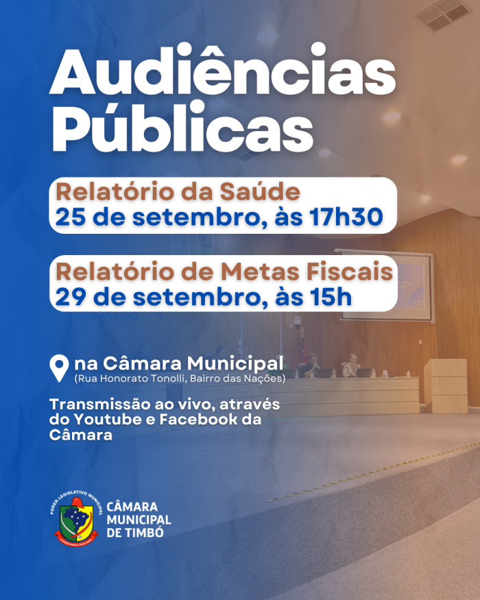 Câmara de Timbó realiza em setembro Audiências Públicas sobre relatórios da saúde e metas fiscais