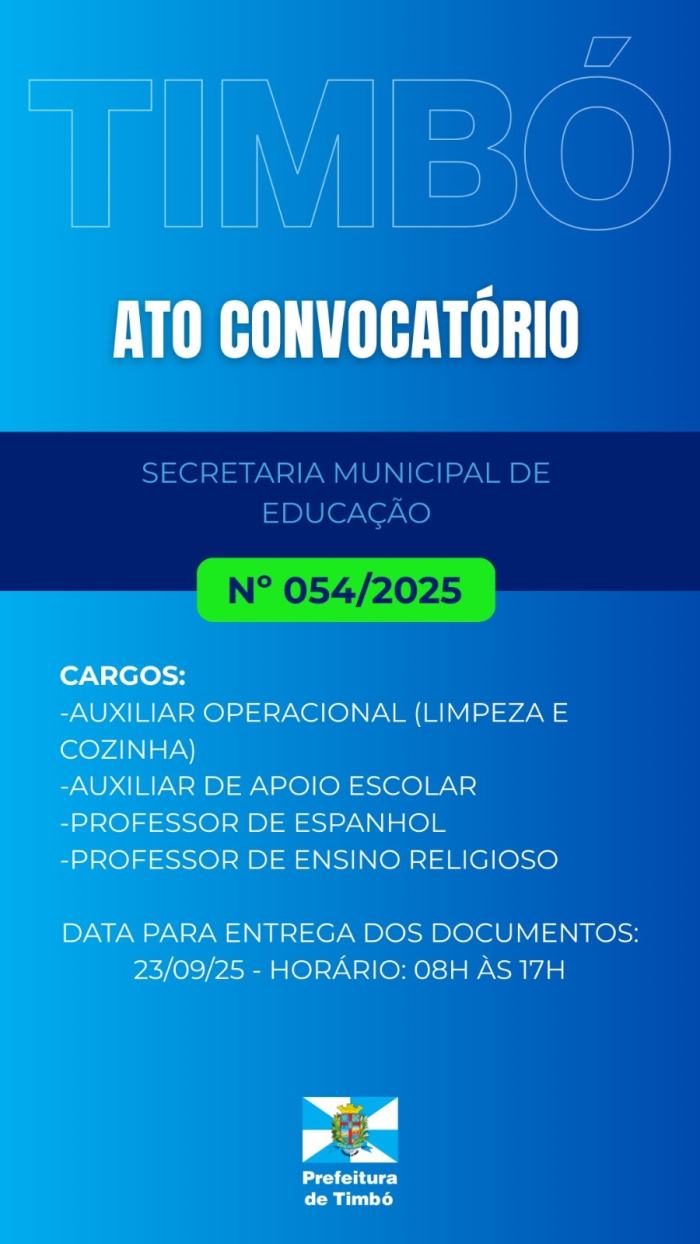 Prefeitura de Timbó convoca candidatos para vagas na Educação