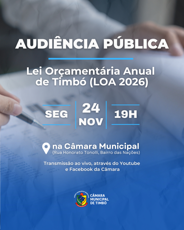 Câmara de Timbó realiza Audiência Pública para discutir Lei Orçamentária Anual do município para 2026