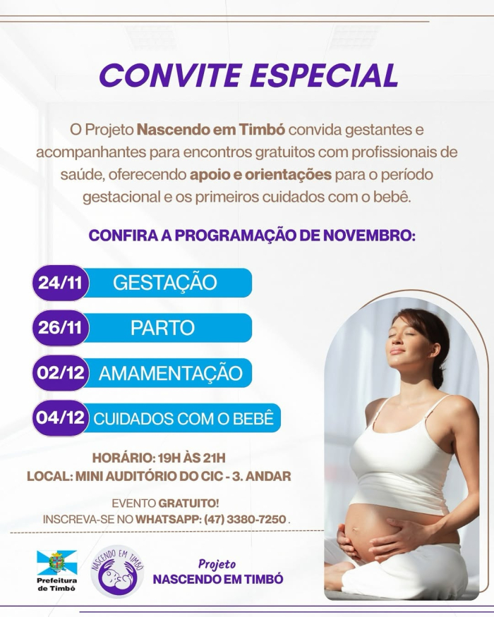 Projeto Nascendo em Timbó segue com programação gratuita para gestantes e acompanhantes
