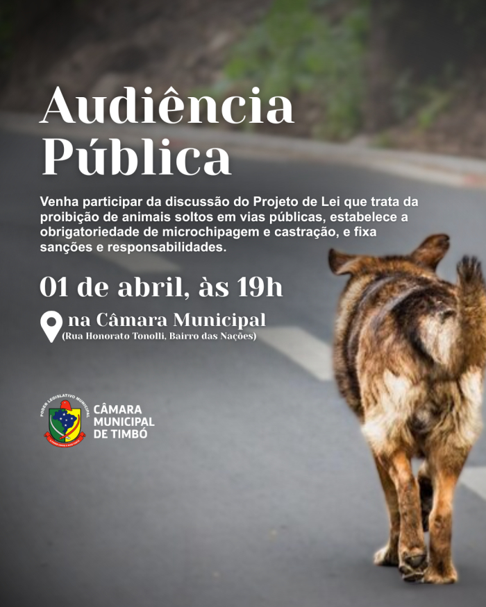 Câmara de Timbó vai discutir na próxima quarta-feira projeto de lei que trata da proibição de animais soltos em vias públicas, microchipagem e castração