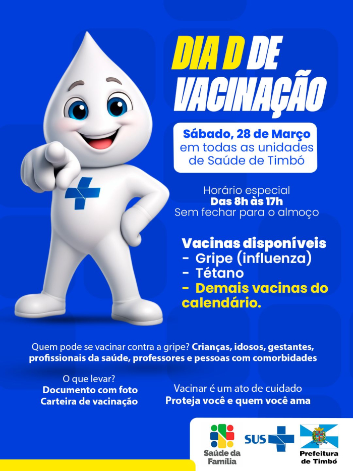 Dia D de vacinação contra a gripe e tétano acontece neste sábado em Timbó