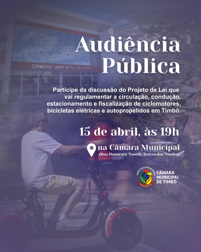 Câmara de Timbó vai discutir nesta quarta-feira projeto de lei que estabelece regras de uso para ciclomotores, bicicletas elétricas e autopropelidos no município