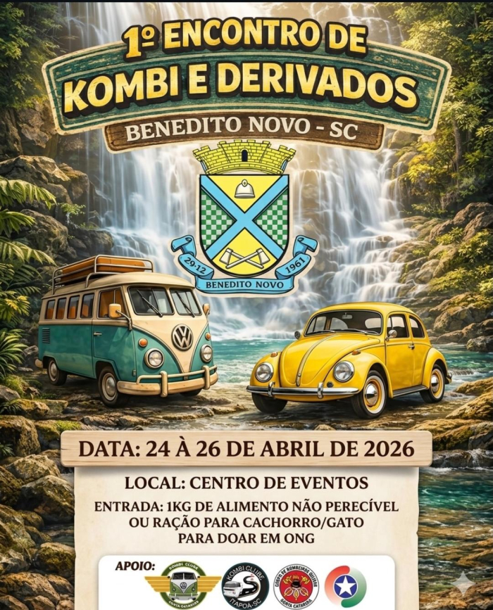 De 24 a 26 de abril, o Centro de Eventos de Benedito Novo será palco do 1º Encontro de Kombi e Derivados