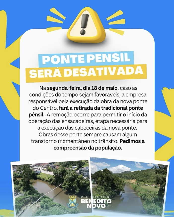 Prefeitura de Benedito Novo dará mais um importante passo para a construção da nova Ponte do Centro