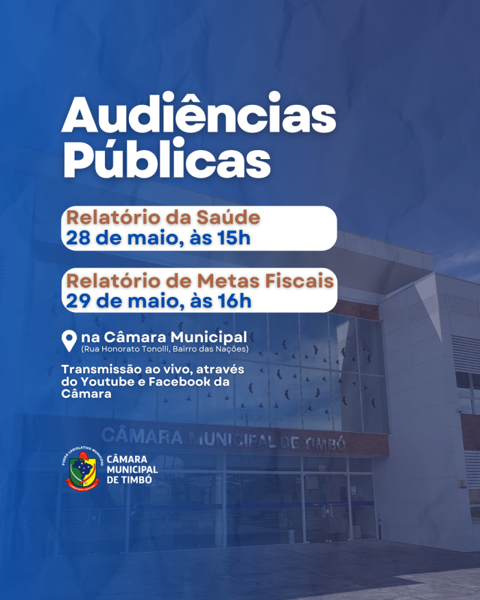 Câmara de Timbó realiza nesta semana Audiências Públicas de apresentação de relatório da Saúde e de Metas Fiscais