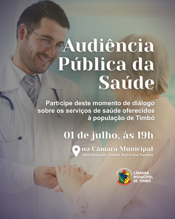 Câmara de Timbó vai discutir a saúde do município em Audiência Pública Câmara de Timbó vai discutir a saúde do município em Audiência Pública