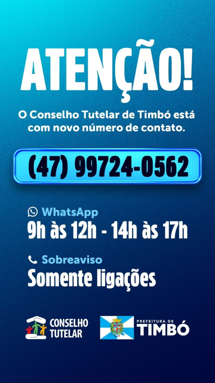 Conselho Tutelar de Timbó informa novo número de WhatsApp e sobreaviso