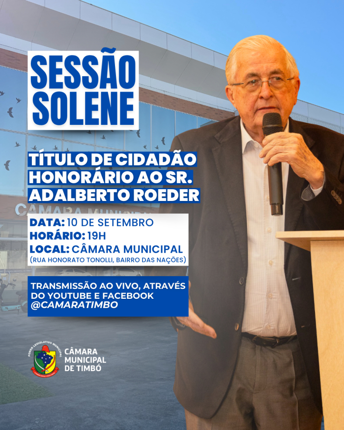Adalberto Roeder será homenageado com título de cidadão honorário timboense na próxima semana