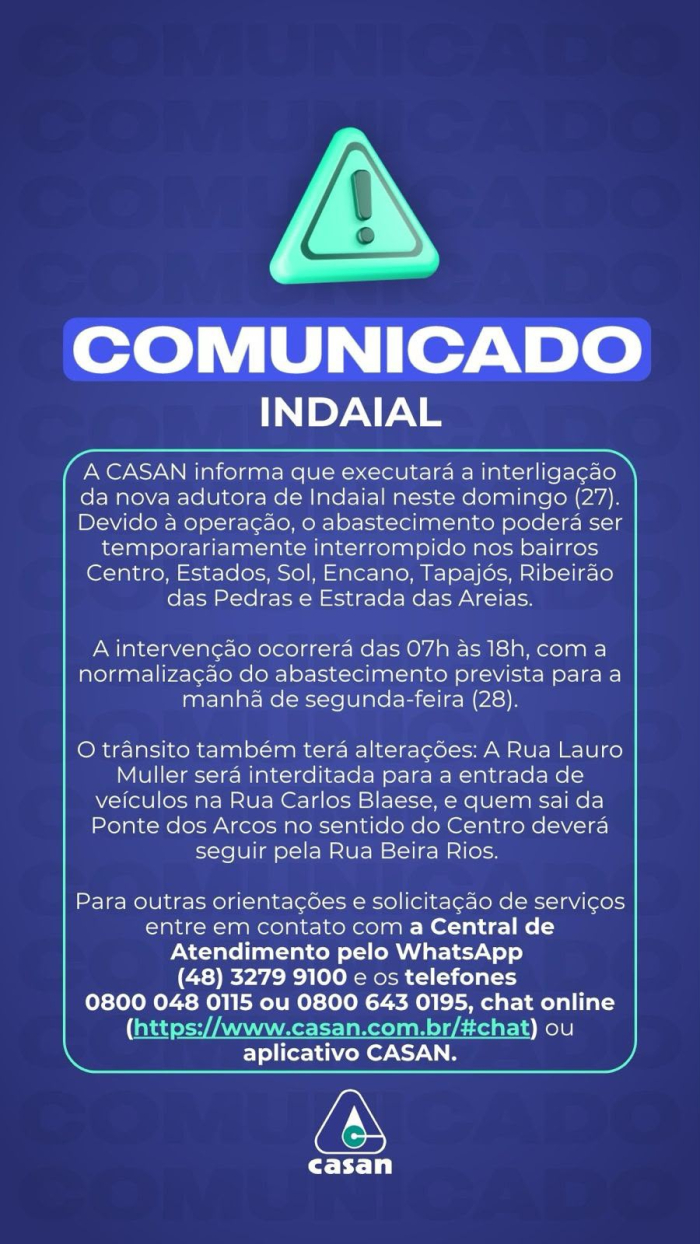 Comunicado CASAN - Interligação de adutora em Indaial