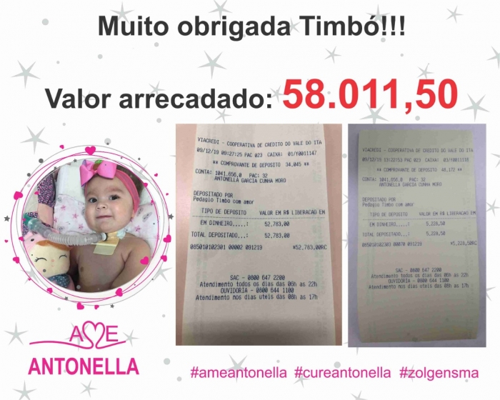 Timbó arrecada R$ 58 mil para ajudar a menina Antonella