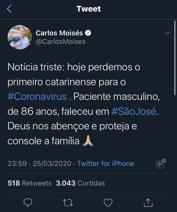 SC tem a primeira morte provocada pelo novo coronavírus