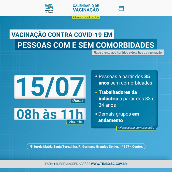 Timbó vacina contra Covid-19 pessoas a partir dos 35 anos e trabalhadores da indústria a partir dos 33 e 34 anos nesta quinta-feira