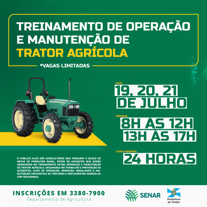 Timbó promove treinamento de operação e manutenção de trator agrícola