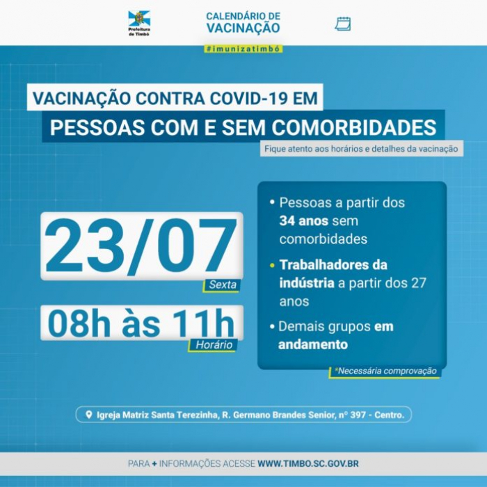 Timbó vacina contra Covid-19 novos grupos nesta semana