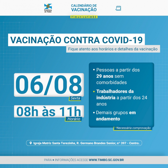 Timbó vacina contra Covid-19 pessoas a partir dos 29 anos e trabalhadores da indústria a partir dos 24 anos nesta sexta-feira