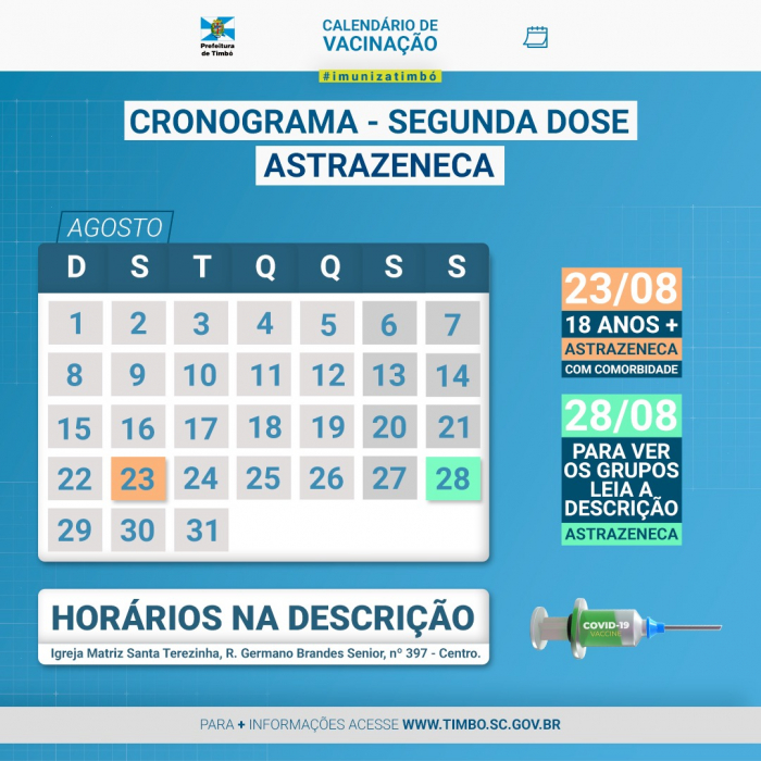 Confira o cronograma da segunda dose da vacina da Covid-19 em Timbó para esta semana