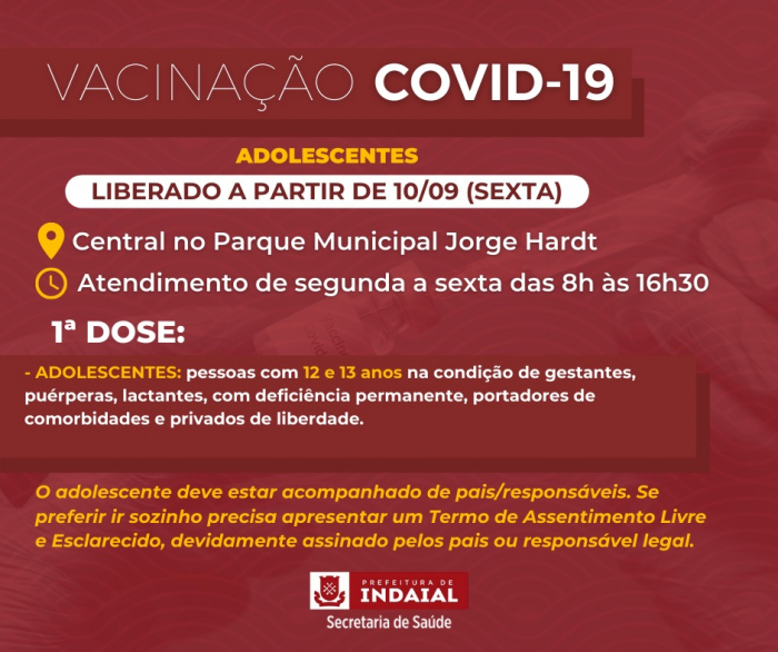 Indaial abre vacinação contra a Covid-19 nesta sexta (10) para grupo prioritário de adolescentes com 12 e 13 anos