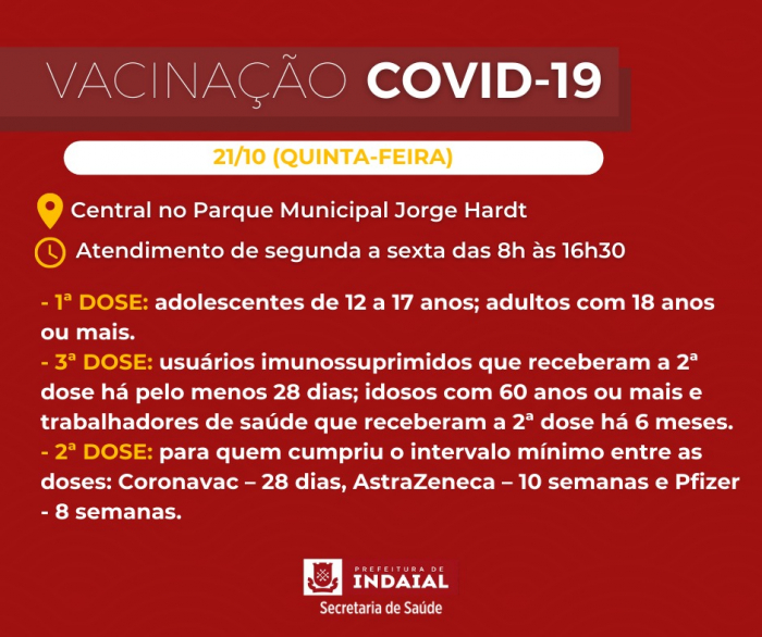 Orientações para a vacinação contra a Covid-19 nesta quinta (21) em Indaial