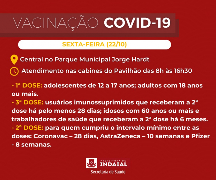 Orientações para a vacinação contra a Covid-19 nesta sexta (22) em Indaial