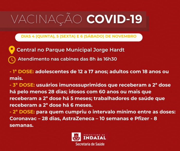 Orientações para a vacinação contra Covid-19 em Indaial nesta quinta (4), sexta (5) e sábado (6) 