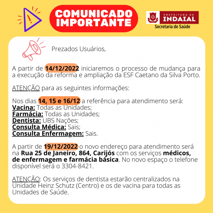 Mudanças nos atendimentos da Unidade de Saúde do Carijós