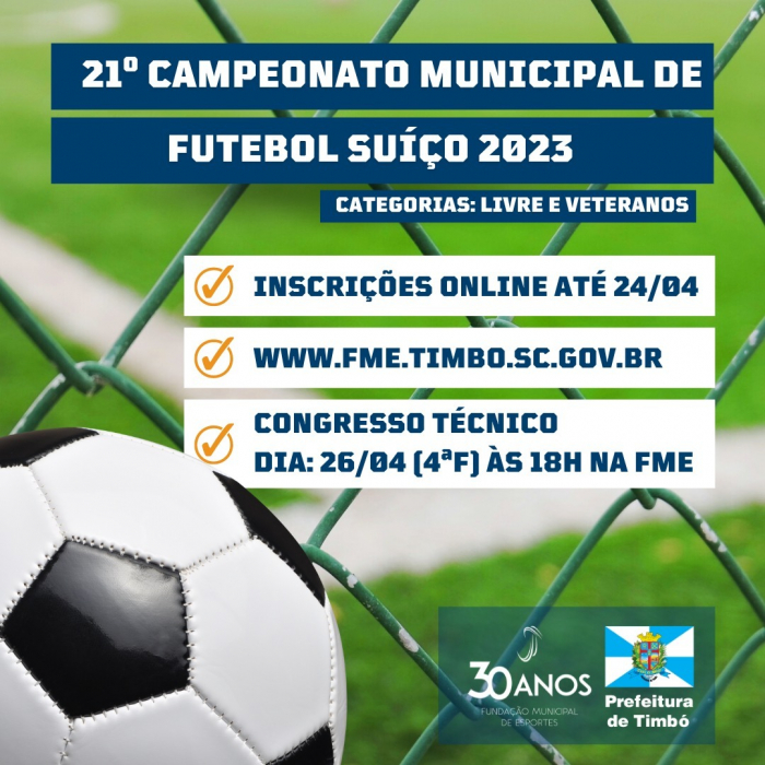 Inscrições para Campeonato Municipal de Futebol Suíço segue até 24 de abril