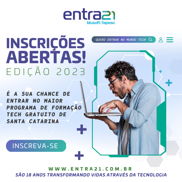 Programa Entra21 está com inscrições abertas para cursos gratuitos na área de tecnologia em Timbó