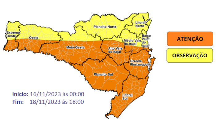 Santa Catarina terá temporais e chuva volumosa até sábado