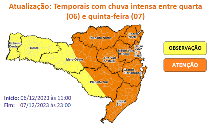 Defesa Civil alerta para temporais com chuva intensa em Santa Catarina